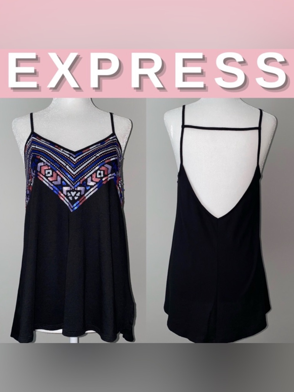EXPRESS Aztec Tribal Sequin Embellished Spaghetti Strap Crop Cami/Tank | Sz S